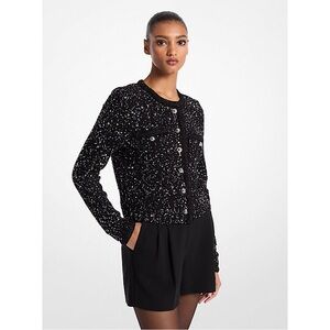 MICHAEL MICHAEL KORS Sequined Metallic Stretch Knit Jacket‎ Black Silver LARGE